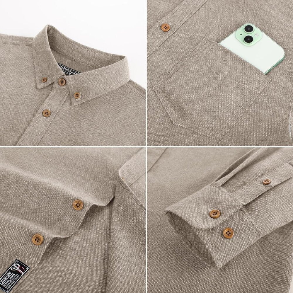 Men's Beige Classic Fit Linen Long Sleeve Button Down Casual Shirts - Picture 6 of 6